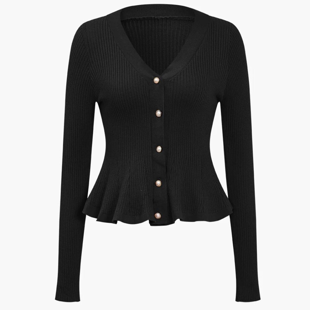 Micas Solid Knit Button Ruffled Long-Sleeve Top Size M